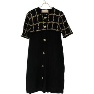 Jennifer Roberts Dress Womens Size M Black Gold Short Sleeve‎ Knee Length